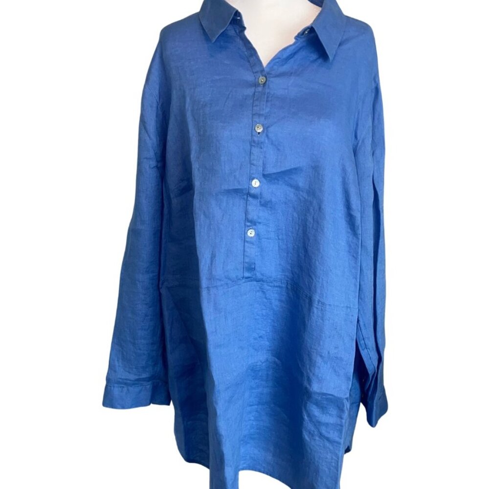 J. Jill Love Linen Roll-Tab Sleeve Tunic Top - Blue Chambray XL - Excellent Cond